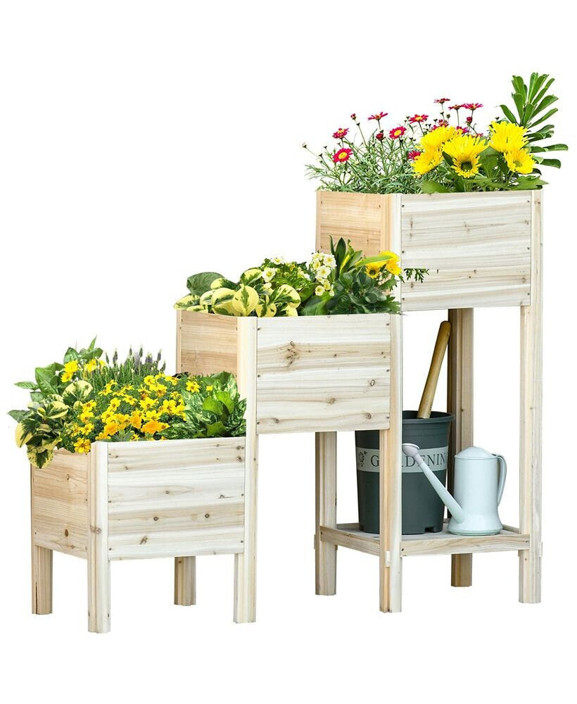 Outsunny 3 Tier Raised Garden Bed w/ Storage Shelf, Wooden Planter Box Kit