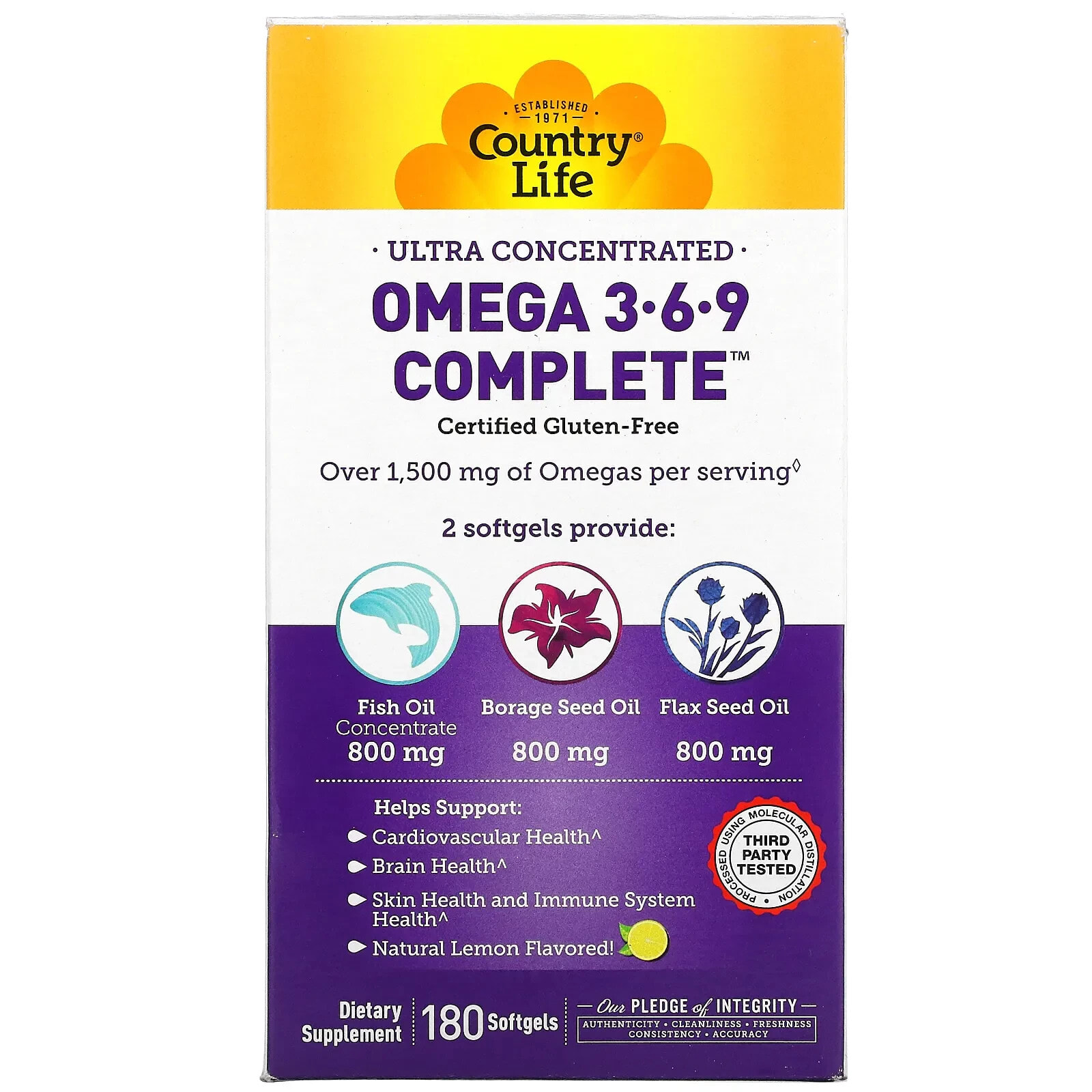 Omega 3-6-9 Complete, Ultra Concentrated, Natural Lemon, 180 Softgels