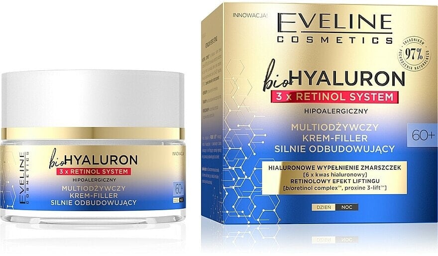 Pflegende und regenerierende Anti-Aging Gesichtscreme mit Hyaluronsäure, Retinol und Lifting-Effekt - Eveline Cosmetics BioHyaluron 3xRetinol System 60+