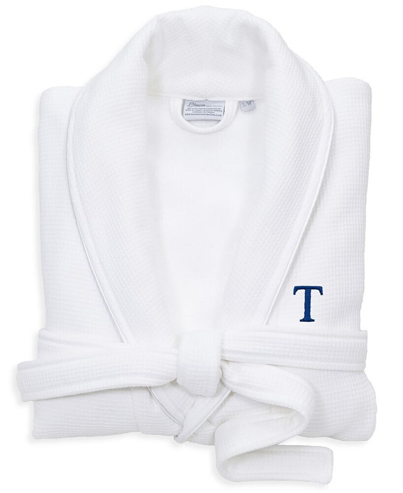 Linum Home personalized 100% Turkish Cotton Waffle Terry Bathrobe with Satin Piped Trim - White