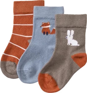 Socken mit Ringeln + Tier-Motiv, braun + blau, Gr. 23/26, 3 St