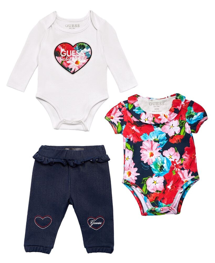 GUESS baby Girls Interlock All Over Print Bodysuits and Knit Denim Joggers, 3 Piece Set