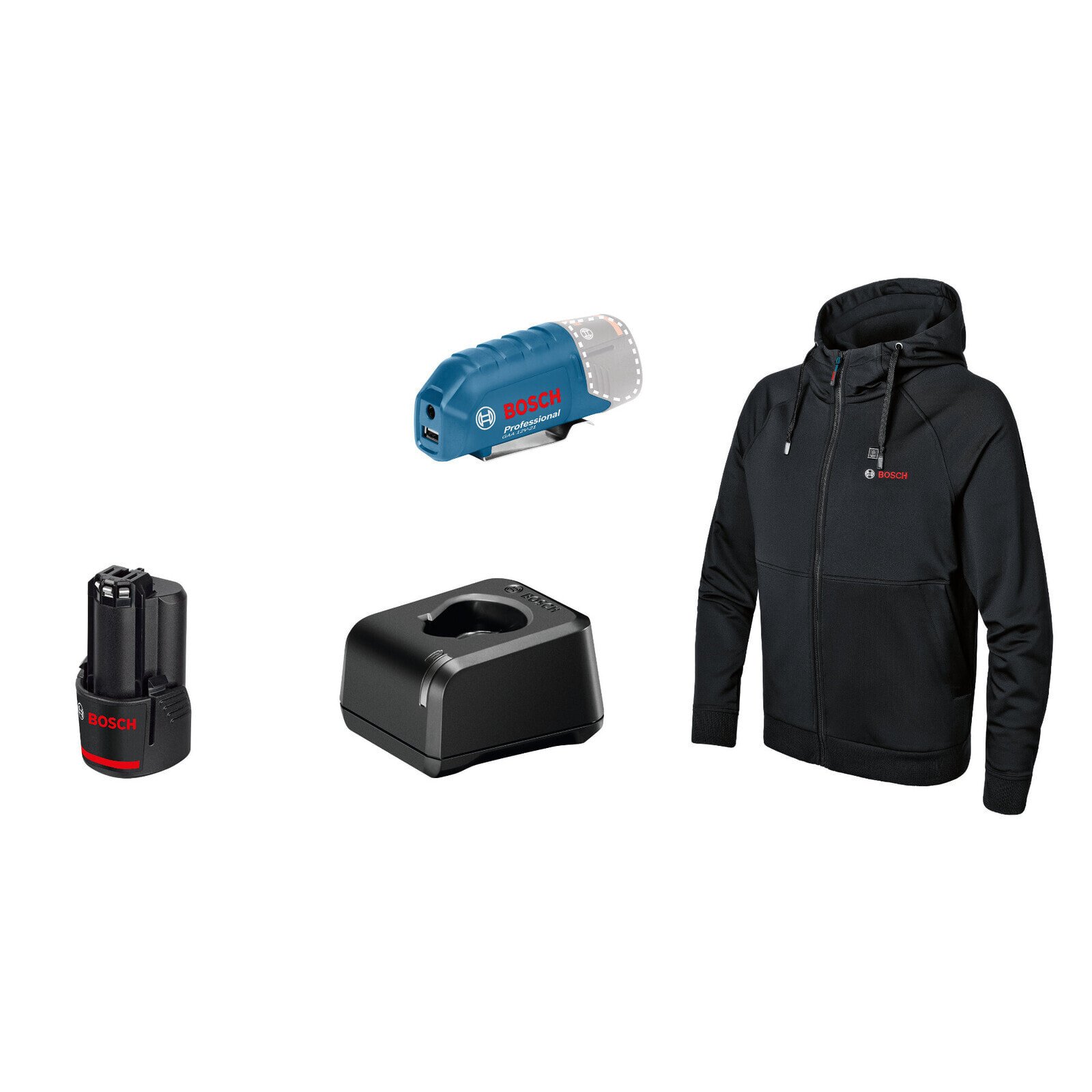 Bosch Beheizbarer Hoodie GHH 12+18V XA, Größe L mit Akkuadapter, Akku + Lader