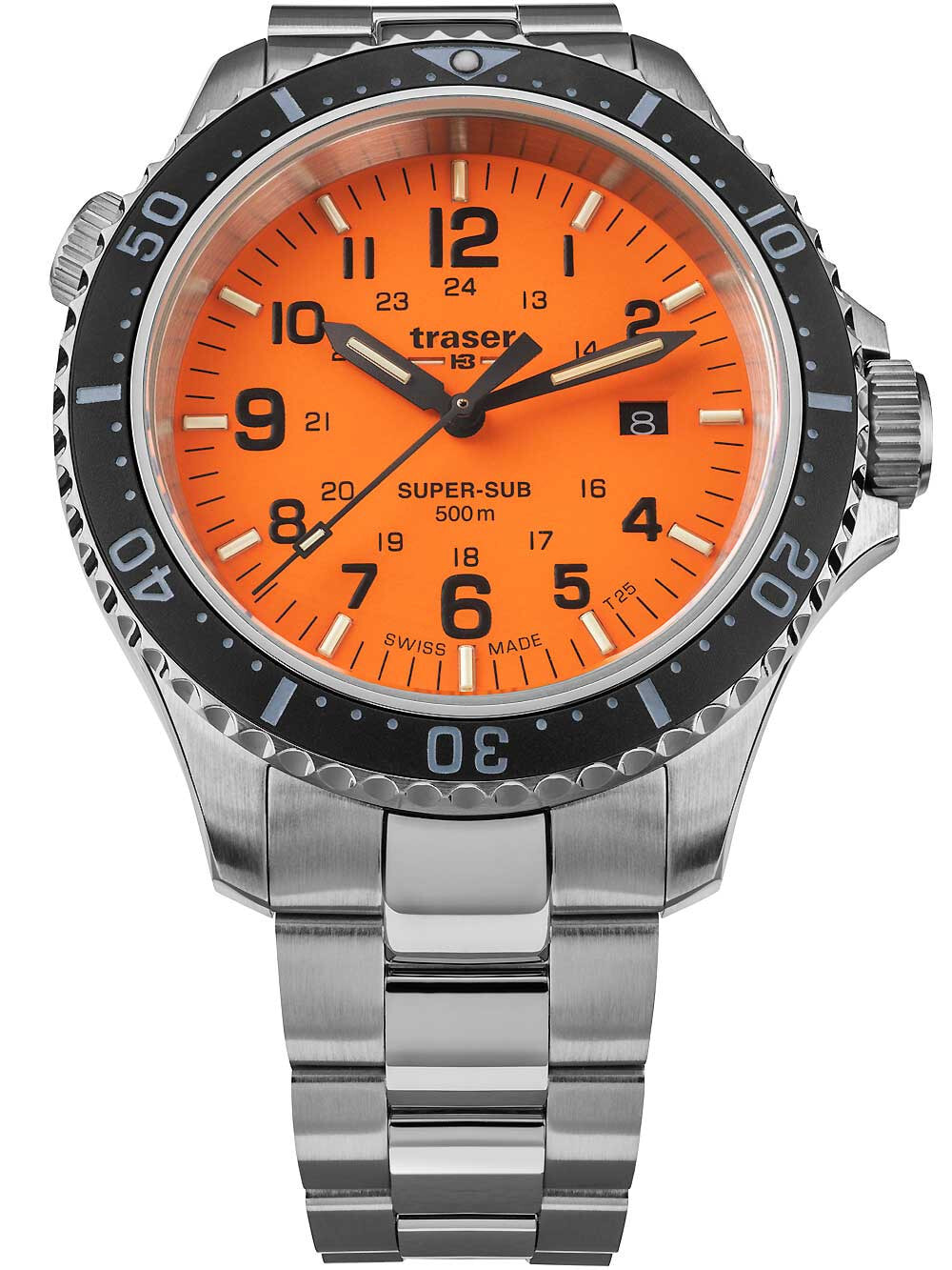 Мужские наручные часы с серебряным браслетом Traser H3 109381 P67 T25 SuperSub orange 46 mm diver 50ATM