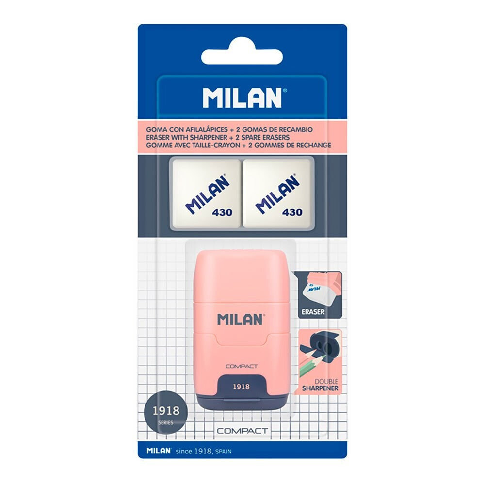 MILAN Blister Pack Eraser With Pencil Sharpener Compact 1918 Series+2 Spare Erasers