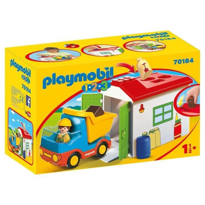 Игровой набор с элементами конструктора Playmobil 1.2.3 Рабочий с грузовиком и гаражом 70184