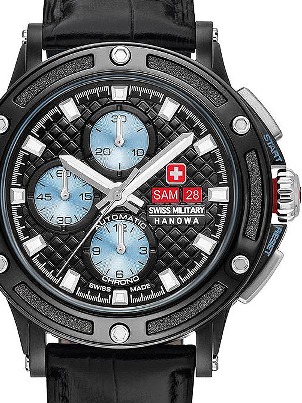 Мужские  часы с черным кожаным ремешком  	Swiss Military Hanowa 05-4347.13.04.001.07 PDG Chronograph Automatik 45mm 10ATM