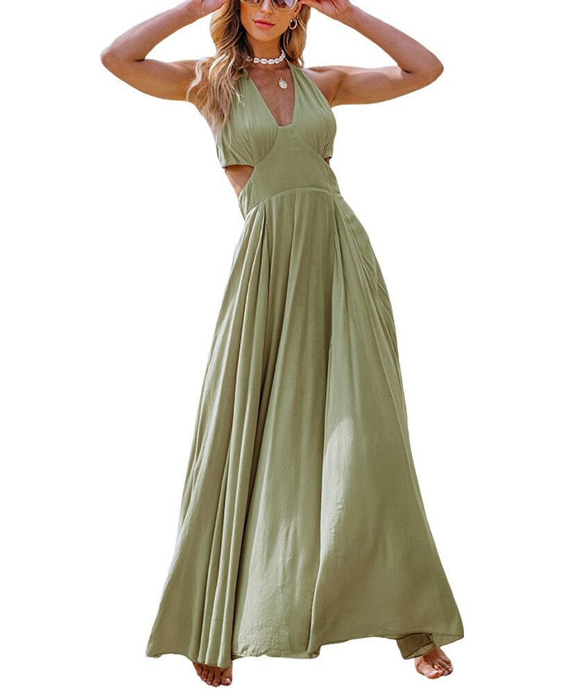 CUPSHE women's Sage Plunging Halter Cutout Maxi Beach Dress