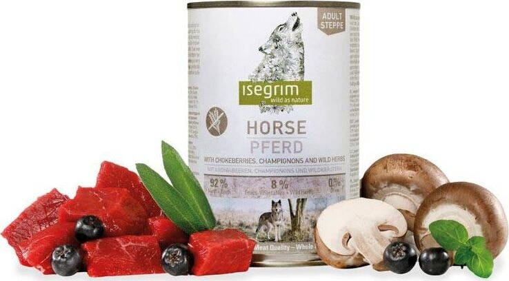 Isegrim Isegrim Adult Steppe Horse - mokra karma dla dorosłych psów, czysta konina z aronią pieczarkami i dzikimi ziołami, 400g