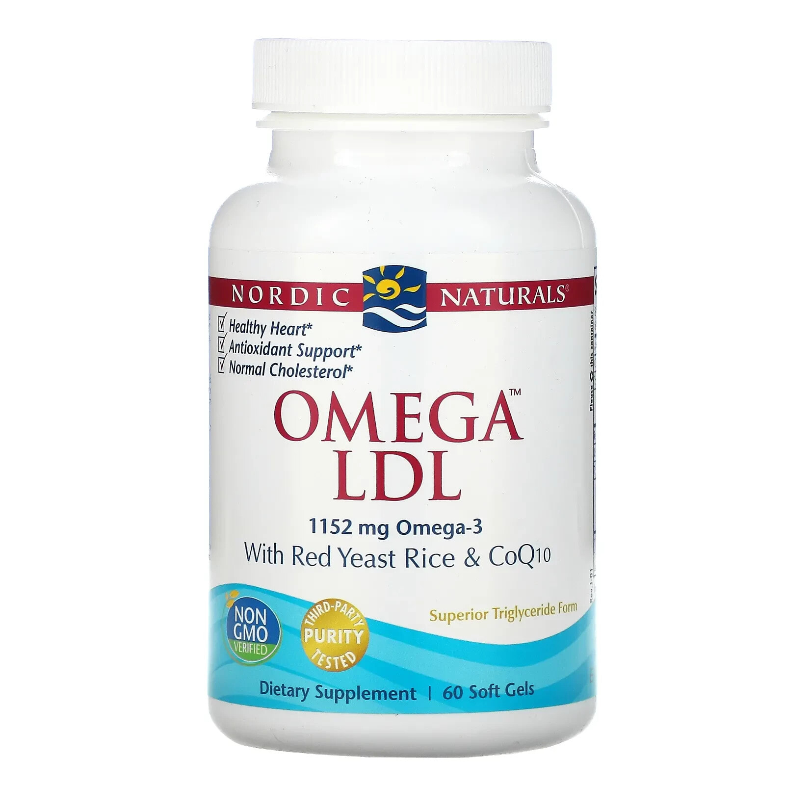 Нордик Натуралс, Omega LDL, омега-3, красный ферментированный рис и коэнзим Q10, 384 мг, 60 капсул