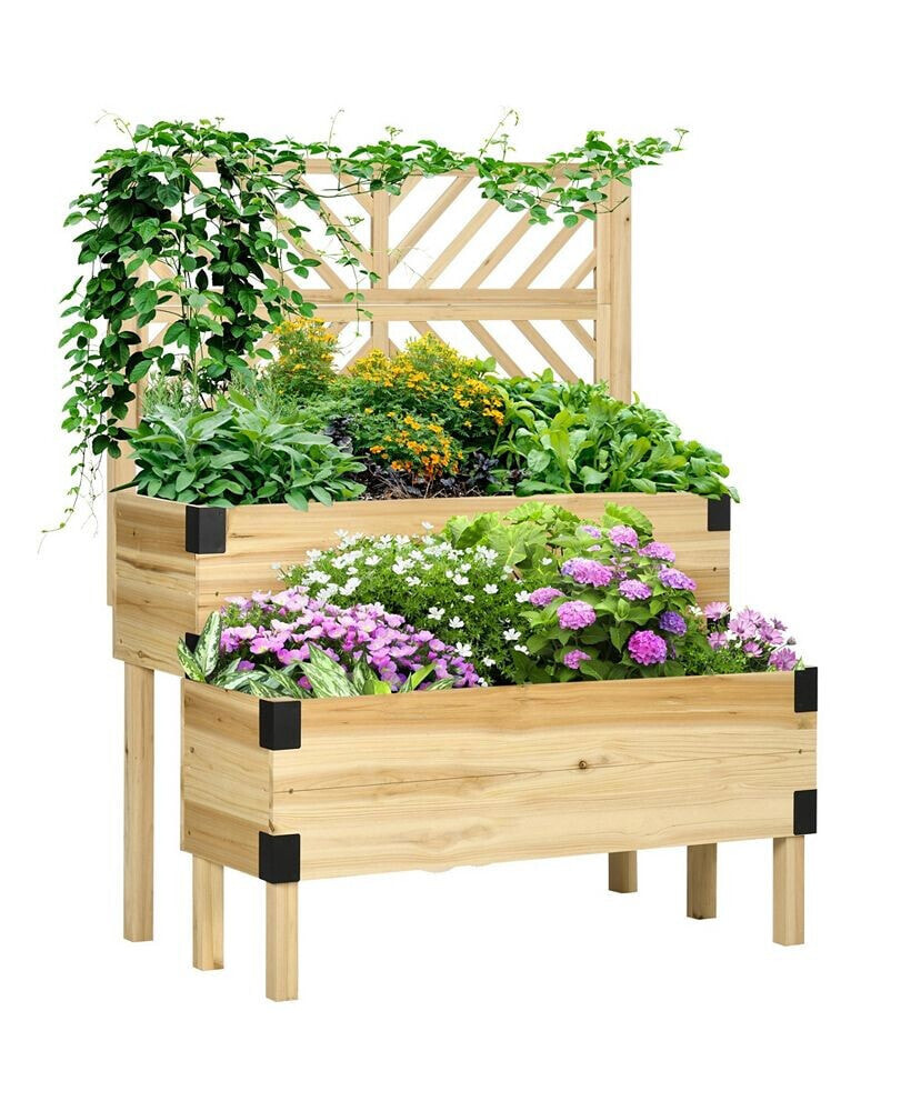 Outsunny 2 Tier Raised Garden Bed with Trellis, Wooden Elevated Planter Box with Legs and Metal Corners, for Vegetables, Flowers, Herbs, Natural