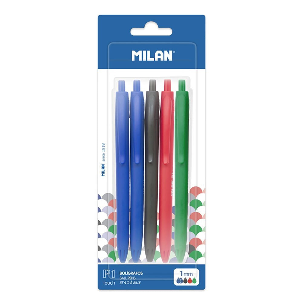 MILAN Blister Pack 5 Assorted P1 Touch Pens 2 Blue. 1 Black. 1 Red And 1 Green