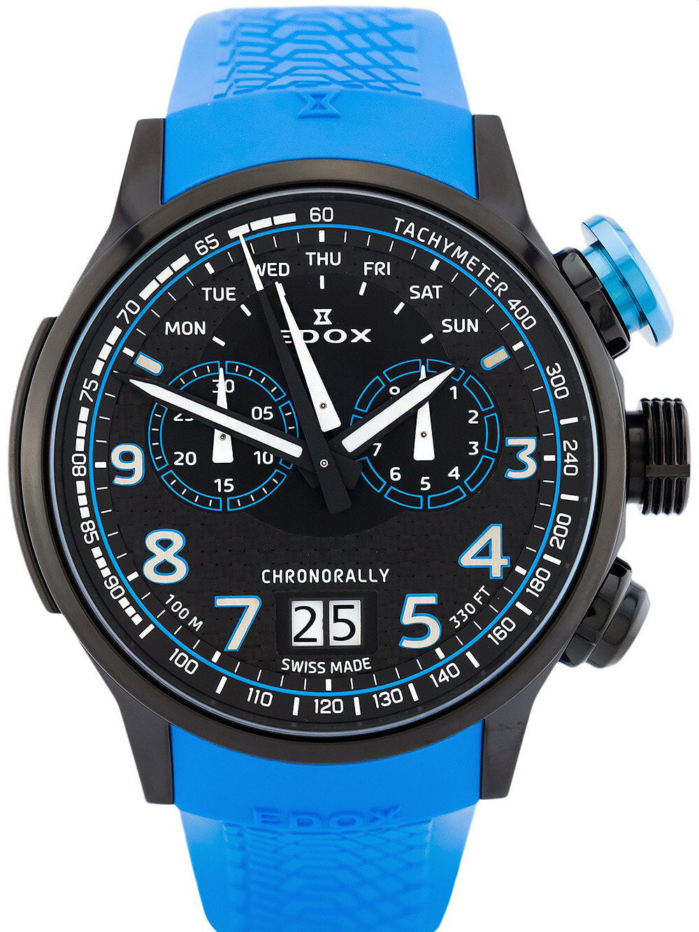 Мужские наручные часы с синим силиконовым ремешком Edox 38001-TINNBU3-NIBU3 Chronorally chronograph 48mm 10ATM