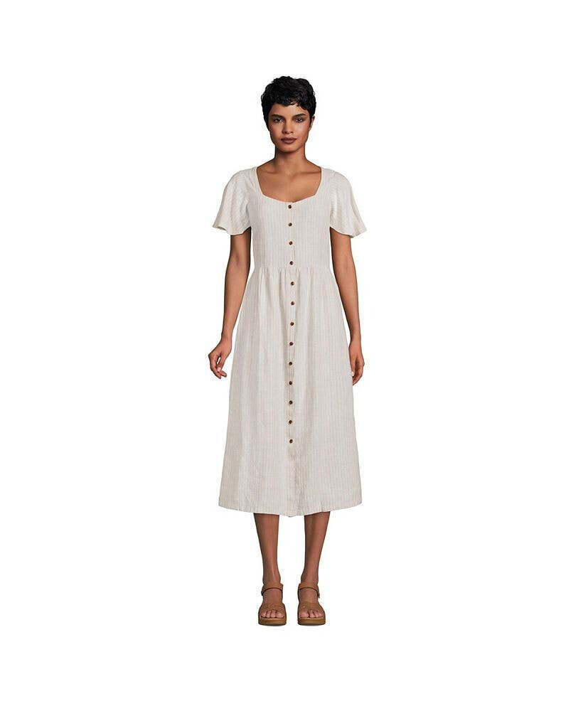 Lands' End women's Petite Linen Sweetheart Button Front Midi Dress