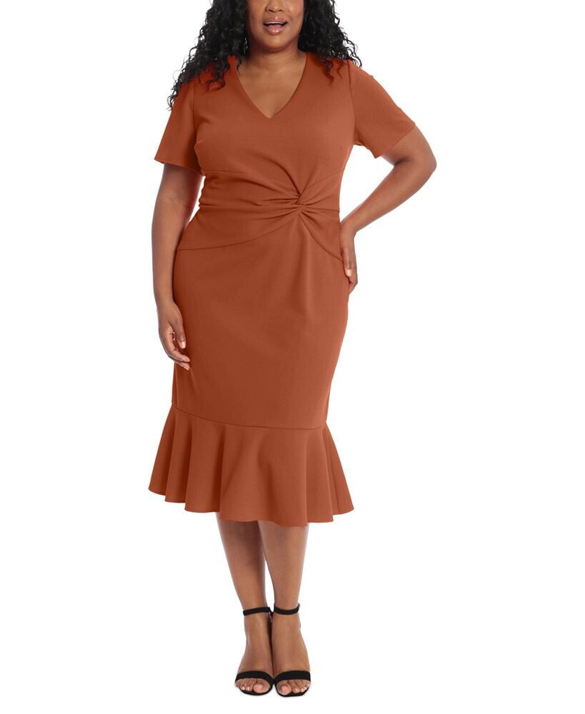 London Times plus Size Twist-Front Flounce-Hem Dress