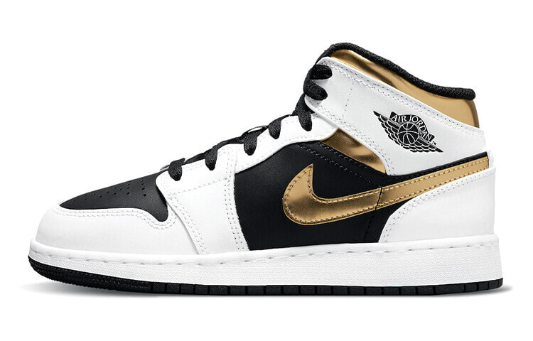 Jordan Air Jordan 1 Mid 中帮 复古篮球鞋 GS 白黑金 / Кроссовки Jordan Air Jordan 1 Mid GS 554725-190