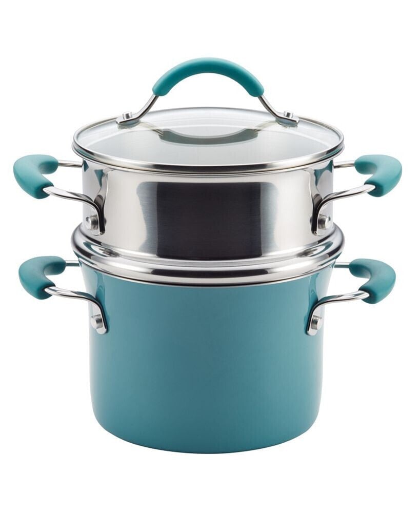 Rachael Ray cucina Hard Enamel Nonstick Sauce Pot and Steamer Insert Set, 3-Quart, Agave Blue