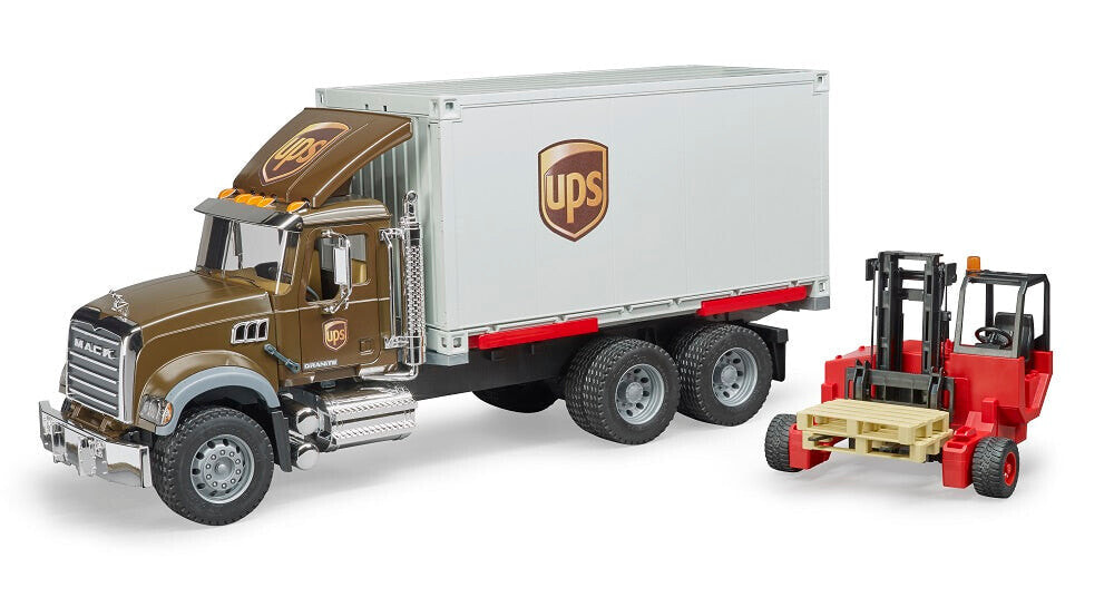 Bruder Mack Granite UPS Logistik-LKW mit Mitnahmestapler