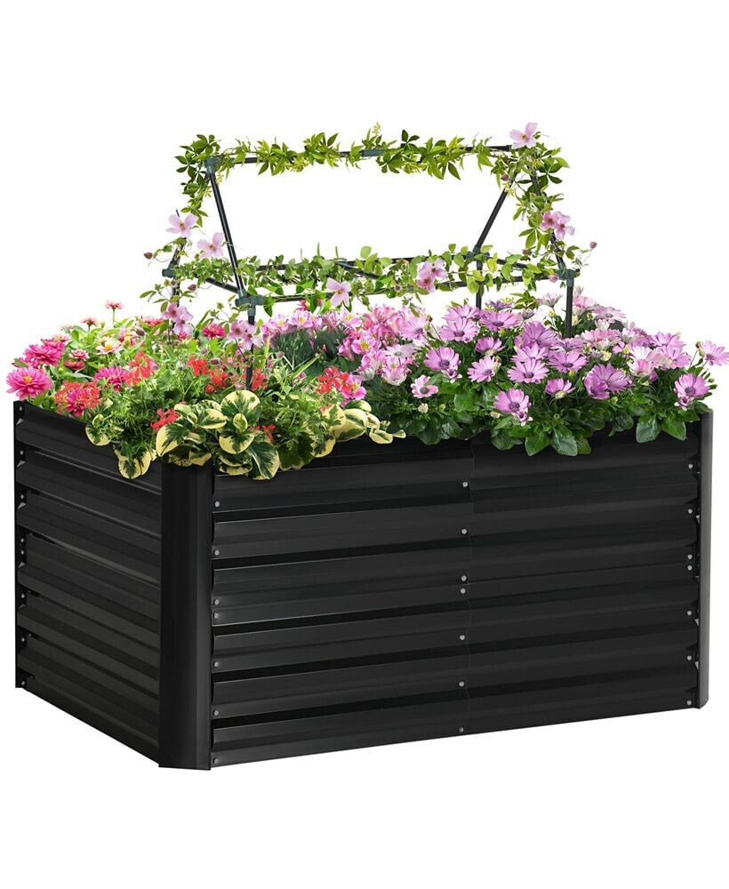 Outsunny raised Garden Bed with 2 Trellis Tomato Cages, Galvanized Elevated Planter Box with Reinforcing Rods, Elevated & Metal for Climbing Vines, Grapes, Vegetables, 4' x 3' x 2', Black