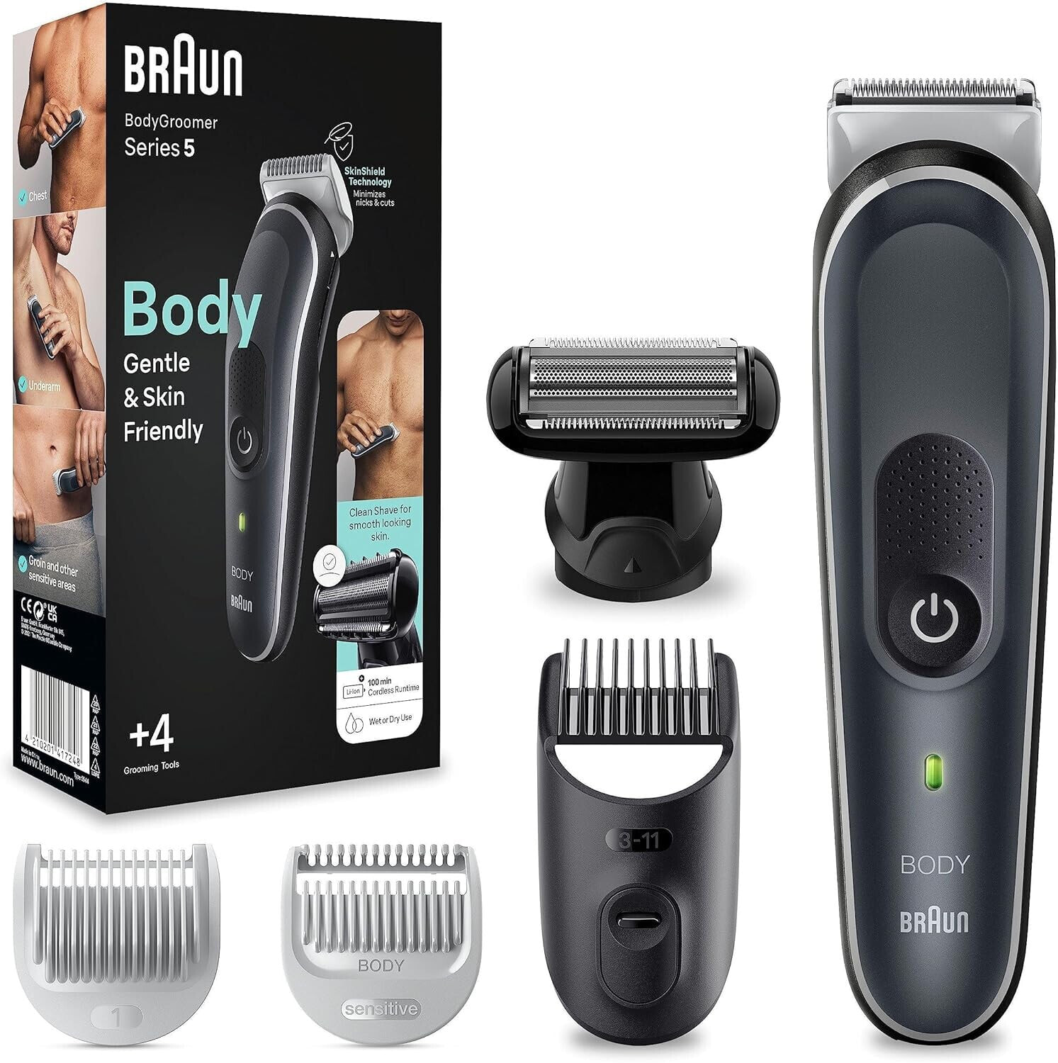 Braun Series 5 Body Groomer/Intimate Shaver Man, Body Care and Hair Removal for Men, Chest, Armpits, Comb Attachments 1 - 11 mm, Smooth Shaving Attachment, Valentine's Day Gift for Him, BG5360