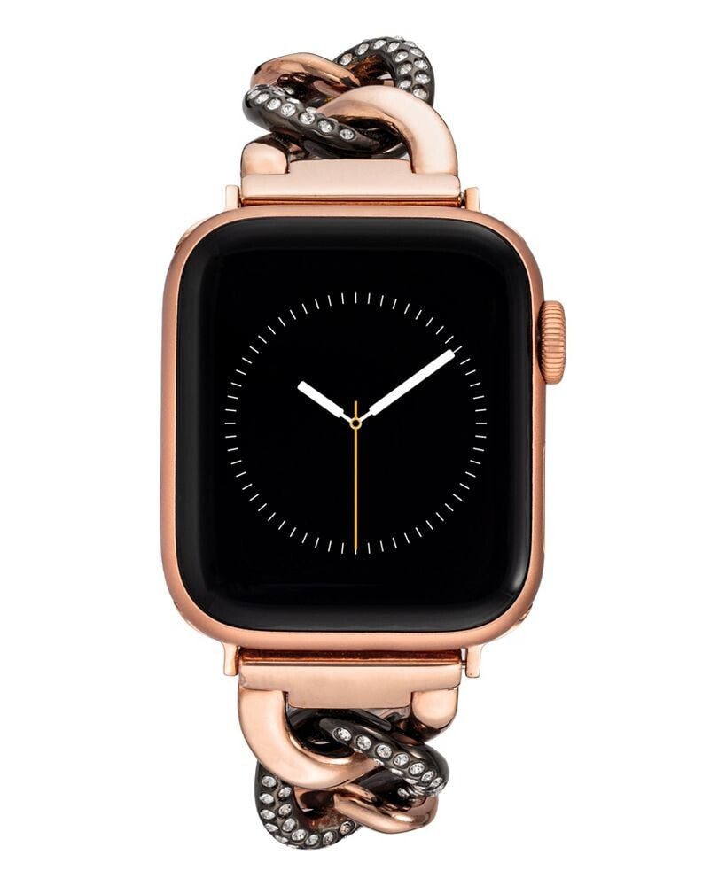 Anne Klein women's Black and Rose Gold-Tone Alloy Chain with Crystals Bracelet Compatible with 42/44/45/Ultra/Ultra 2 Apple Watch