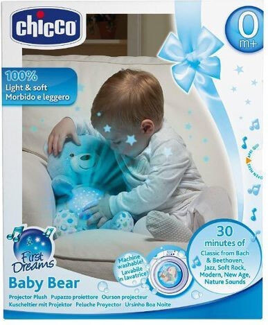 Детский декоративный ночник Chicco Мишка-плюшевый, со светомузыкальным проектором, голубой 80152