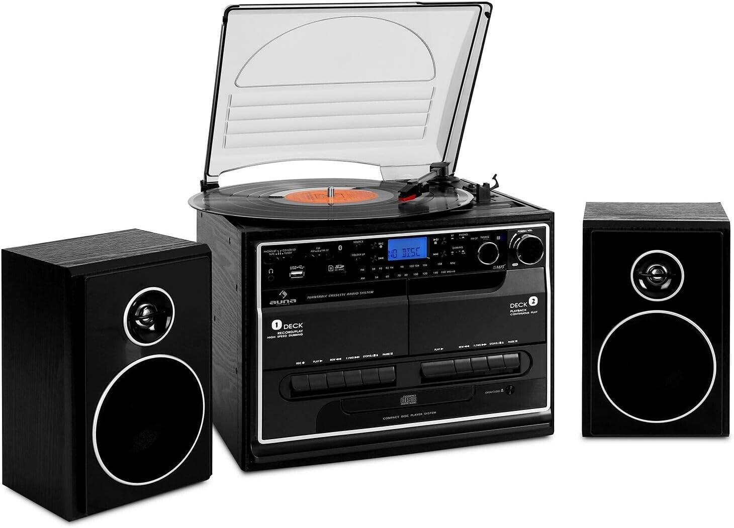 Auna Record Player for Records, Turntable with Speaker, USB & CD Player, Record Player with Bluetooth, Audio Record Player, Modern Vinyl Player, Turntable with FM Radio