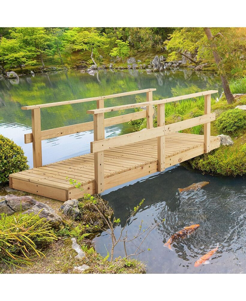 Simplie Fun 7' Wooden Garden Bridge with Safety Rails, Backyard Footbridge for Ponds, Creeks, Streams, Natural