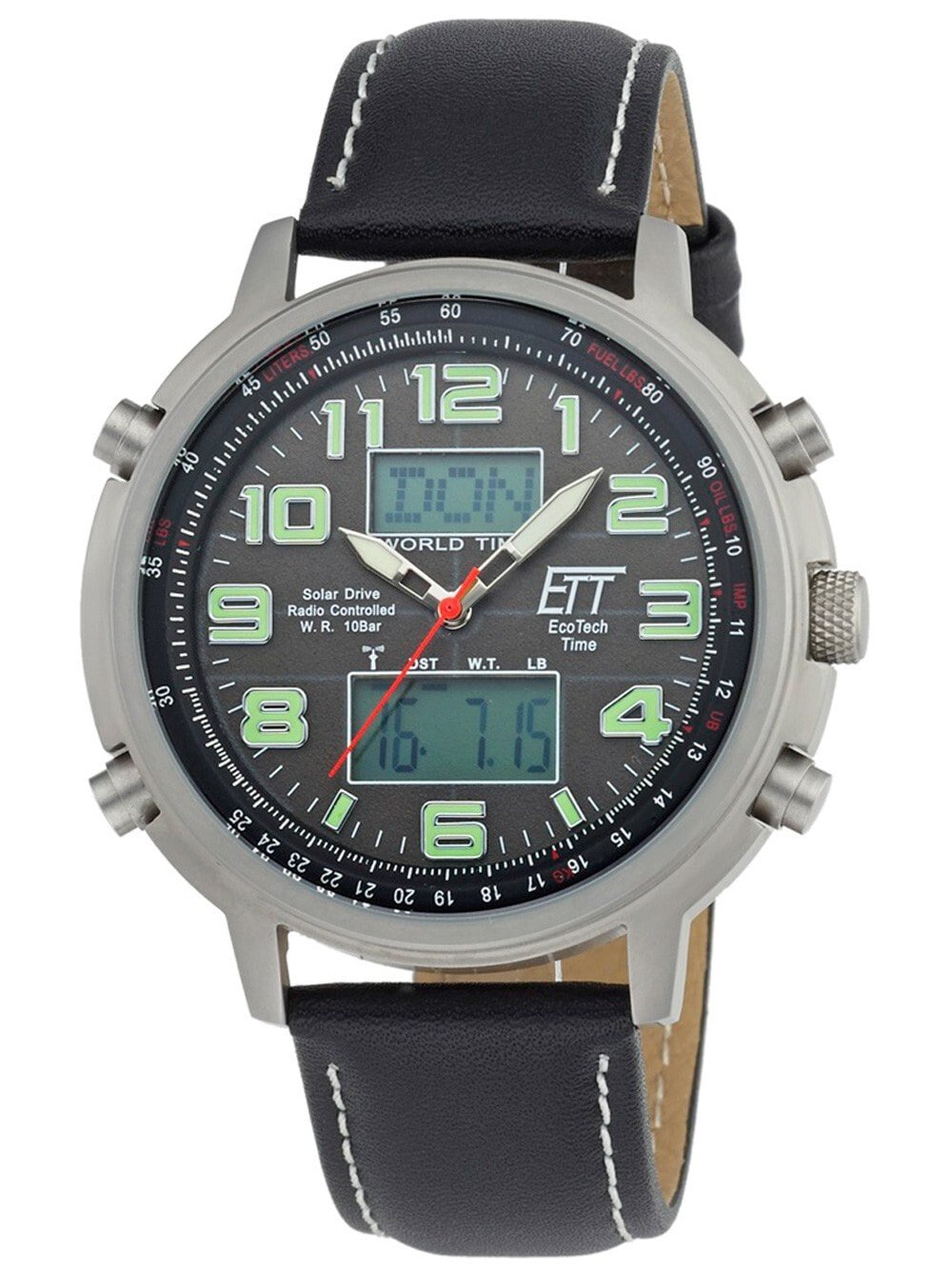 Мужские наручные часы с черным кожаным ремешком ETT EGS-11301-22L Solar Drive Radio Controlled Hunter II Chrono 48mm 10ATM