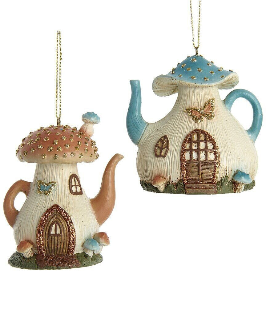 Kurt Adler Set Of 2 3In Teapot Mushroom House Ornaments Multicolor