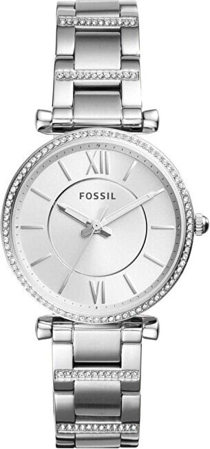 Женские часы аналоговые круглые со стразами на циферблате серебристые Fossil