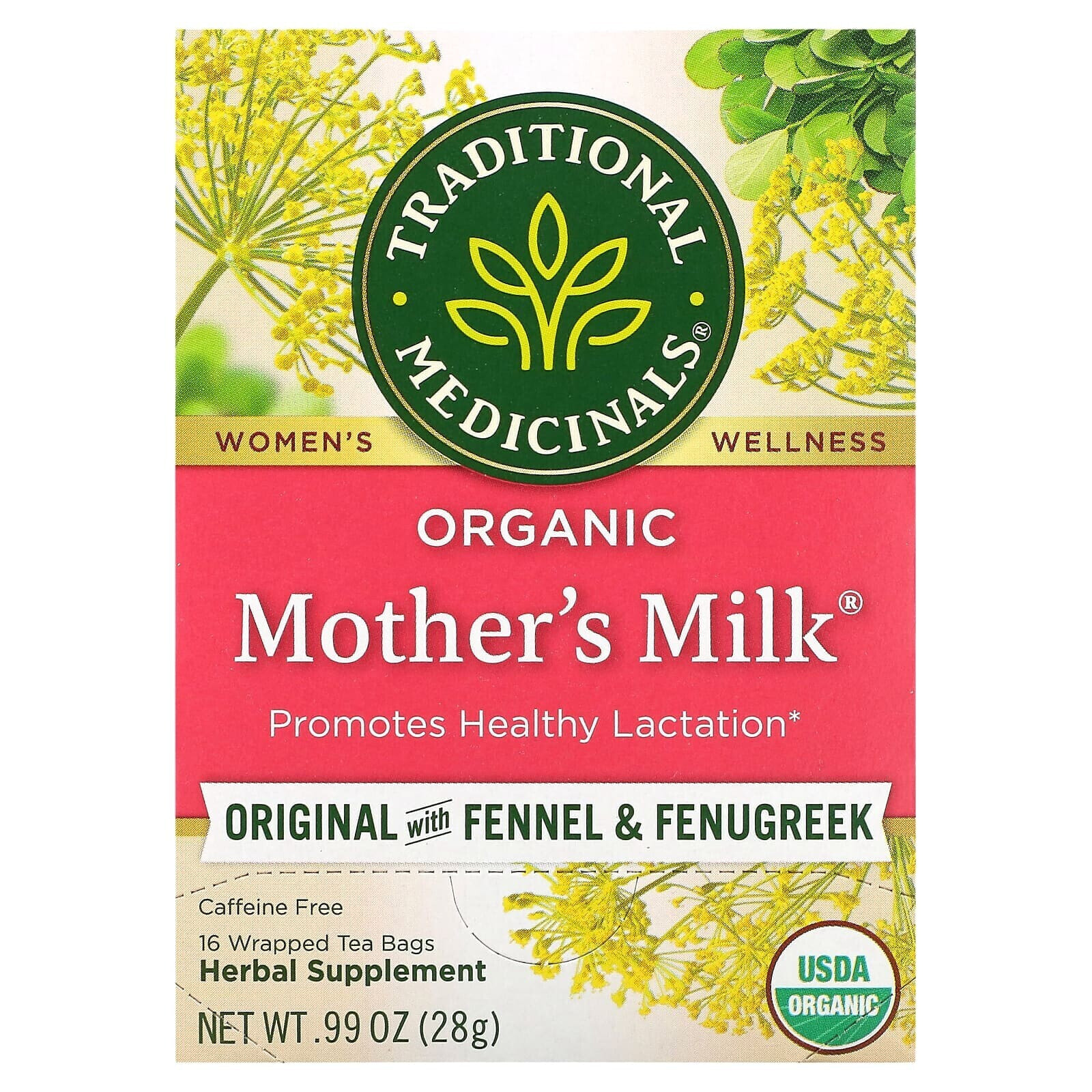 Organic Mother's Milk, Original with Fennel & Fenugreek, Caffeine Free, 16 Wrapped Tea Bags, 0.06 oz (1.75 g) Each