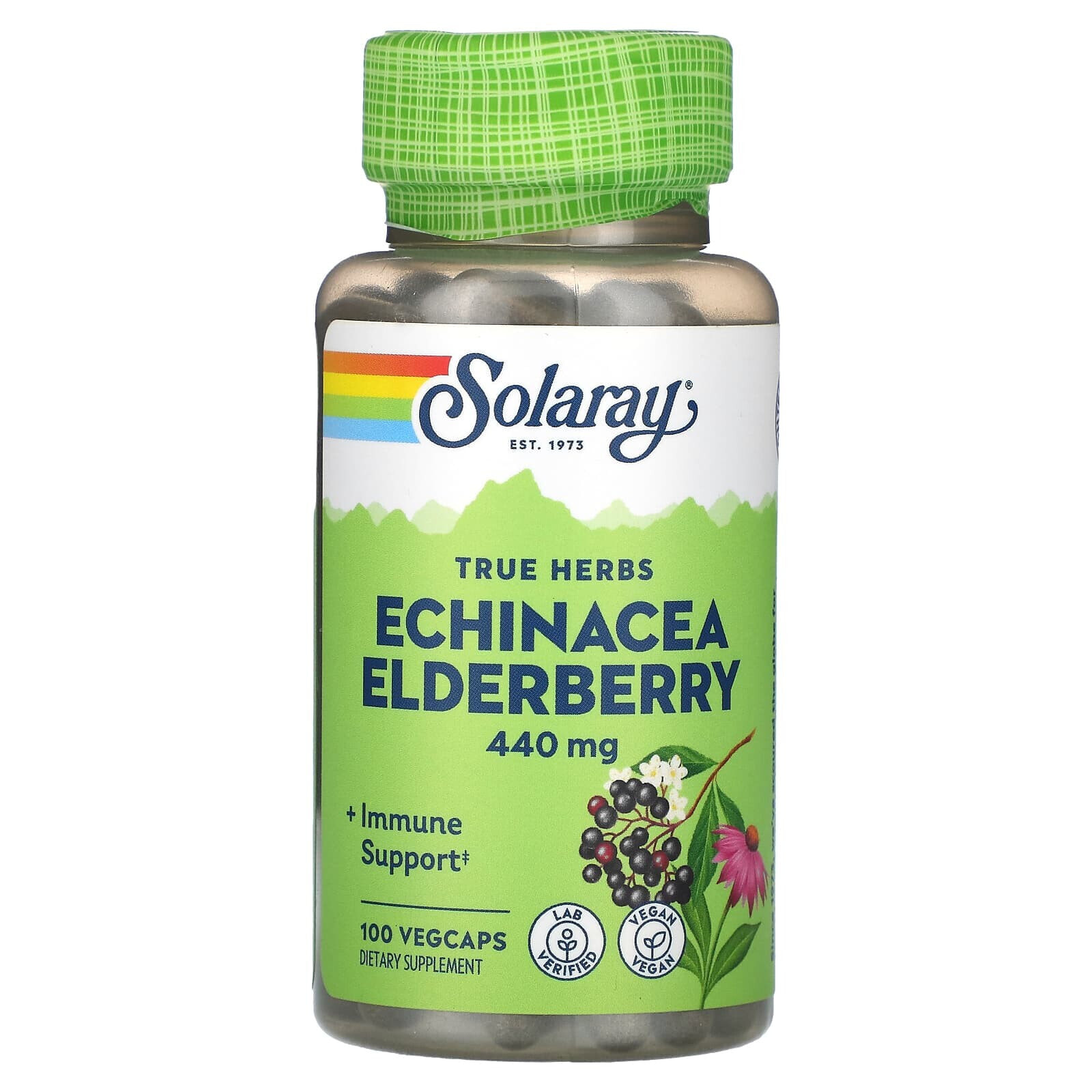 Solaray, True Herbs, эхинацея и бузина, 440 мг, 100 растительных капсул