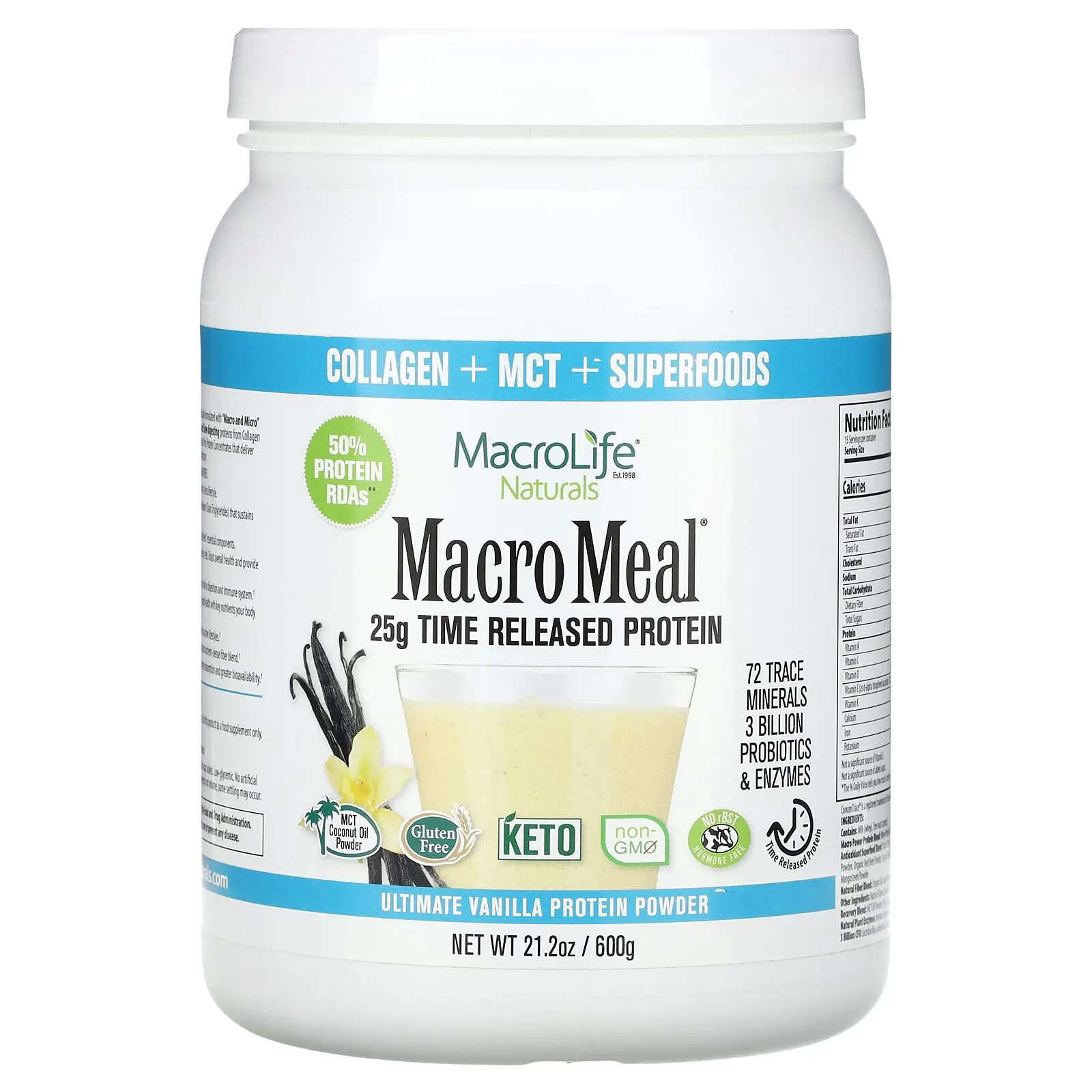 Макролайф Натуралс, MacroMeal, Ванильный протеин + супер питание, 21.2 унции(600 г) (Товар снят с продажи) 