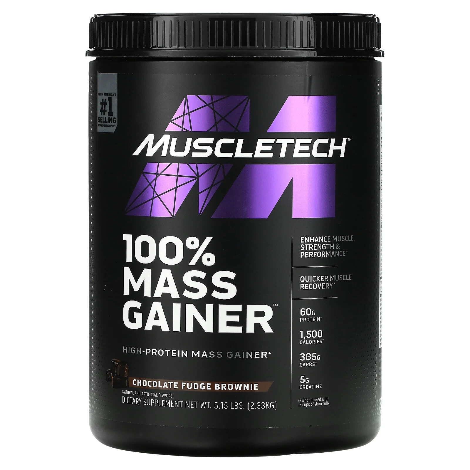 MuscleTech, 100% Mass Gainer, Chocolate Fudge Brownie, 5.15 lbs (2.33 kg)