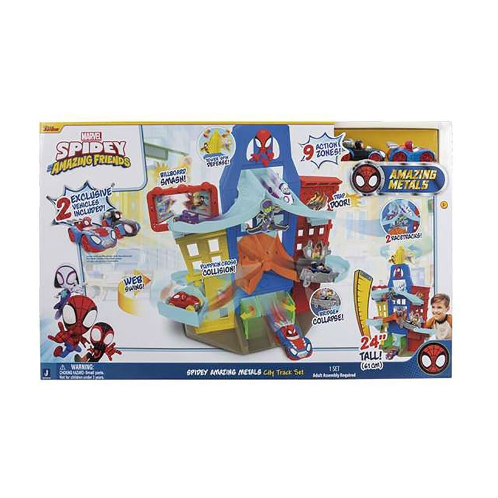 TOY PARTNER Spidey City Parking 51 cm 5 Characters Based On Characters Includes 2 5 cm Vehicles Rattle
