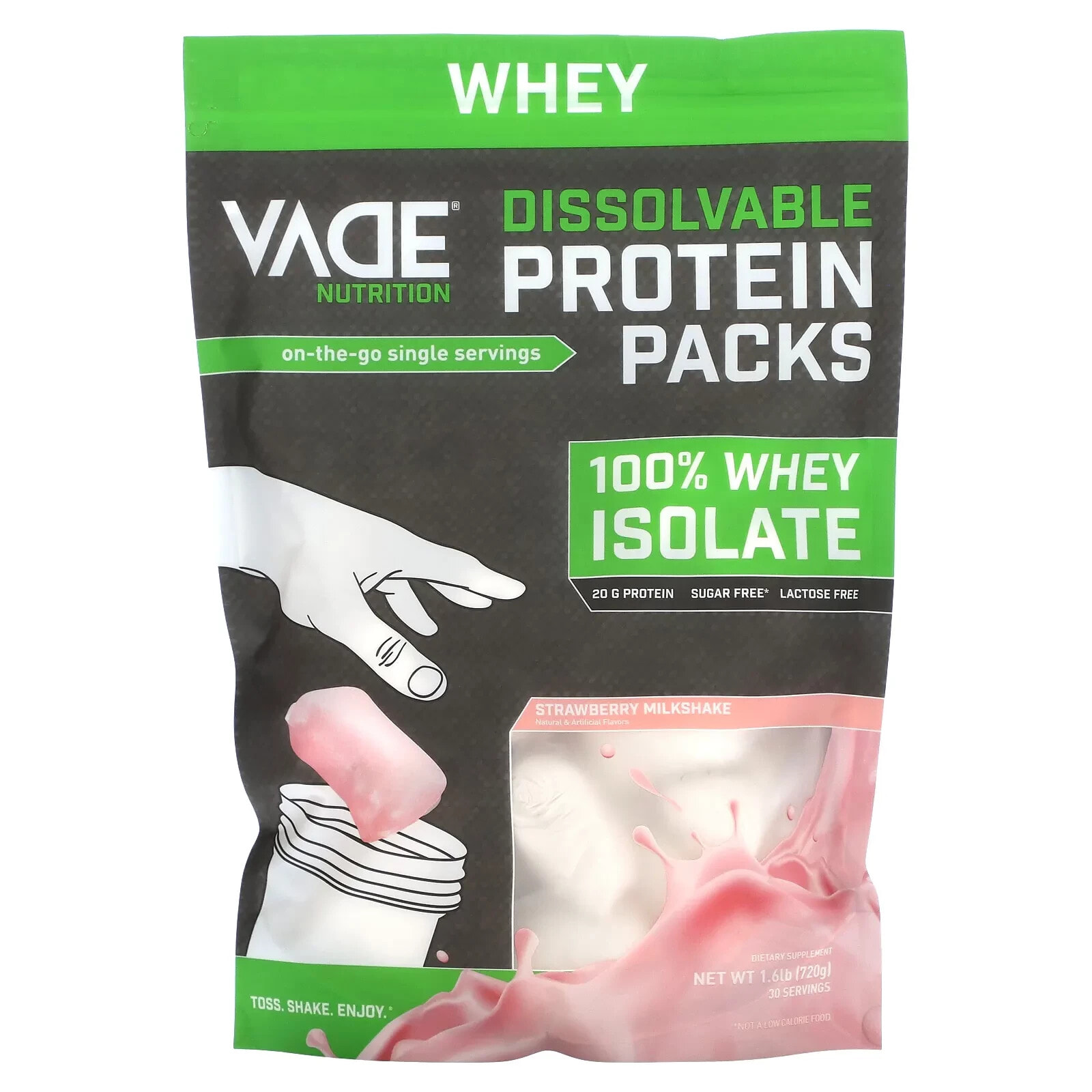 Vade Nutrition, Пакетики с растворимым протеином, 100% изолят, клубничный молочный коктейль, 720 г (1,6 фунта)