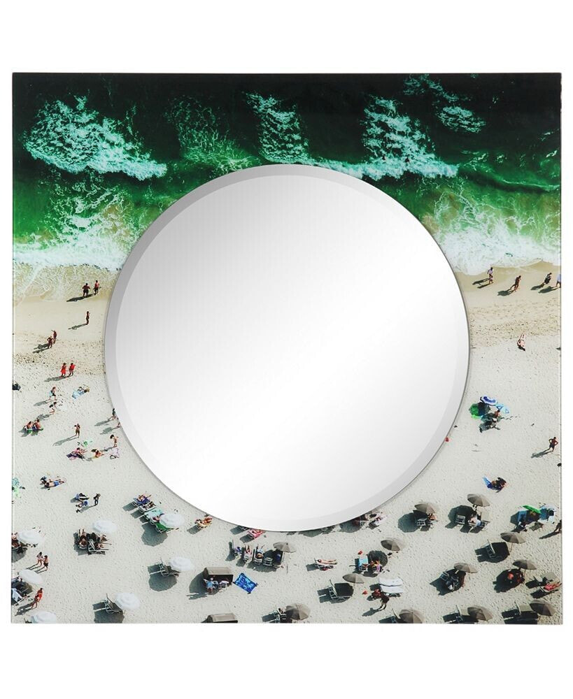 Empire Art Direct beach Round Beveled Wall Mirror on Square Free Floating Reverse Printed Tempered Art Glass, 36