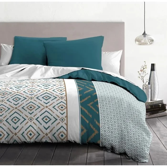 Ethno -Mikrofaser -Duvet -Set - 1 Duvet Cover 240x260 cm + 2 Kissenbezge 63x63 cm - Entenblau - Home -Leinen -Leidenschaft