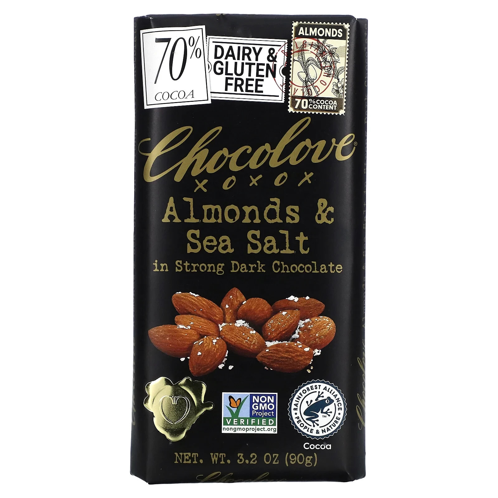 Chocolove, черный шоколад с миндалем, тоффи и морской солью, 55% какао, 90 г (3,2 унции)