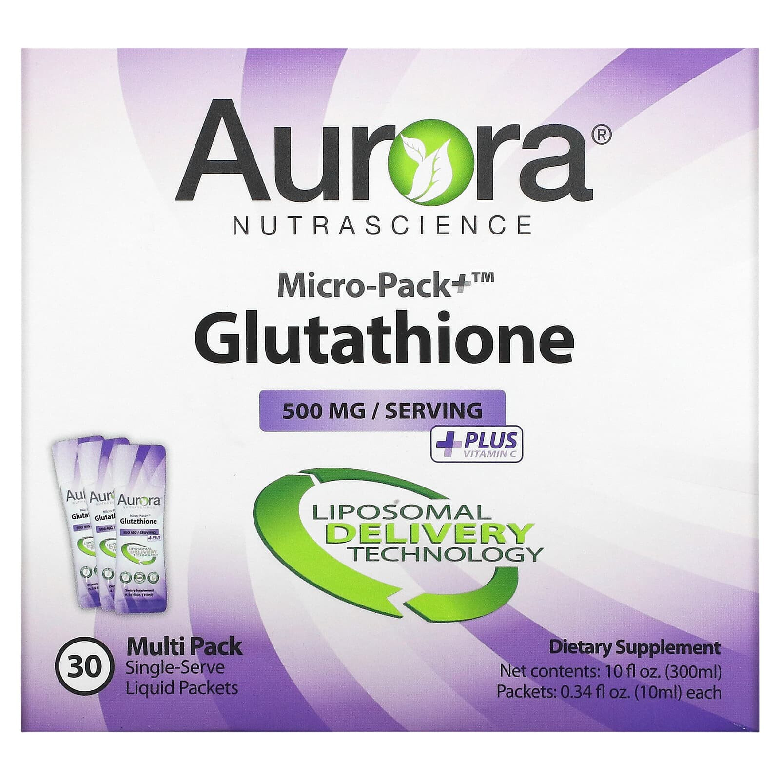 Аурора Нутрасаенс, Micro-Pack + глутатион, 500 мг, 30 пакетиков по 10 мл (0,34 жидк. Унции)