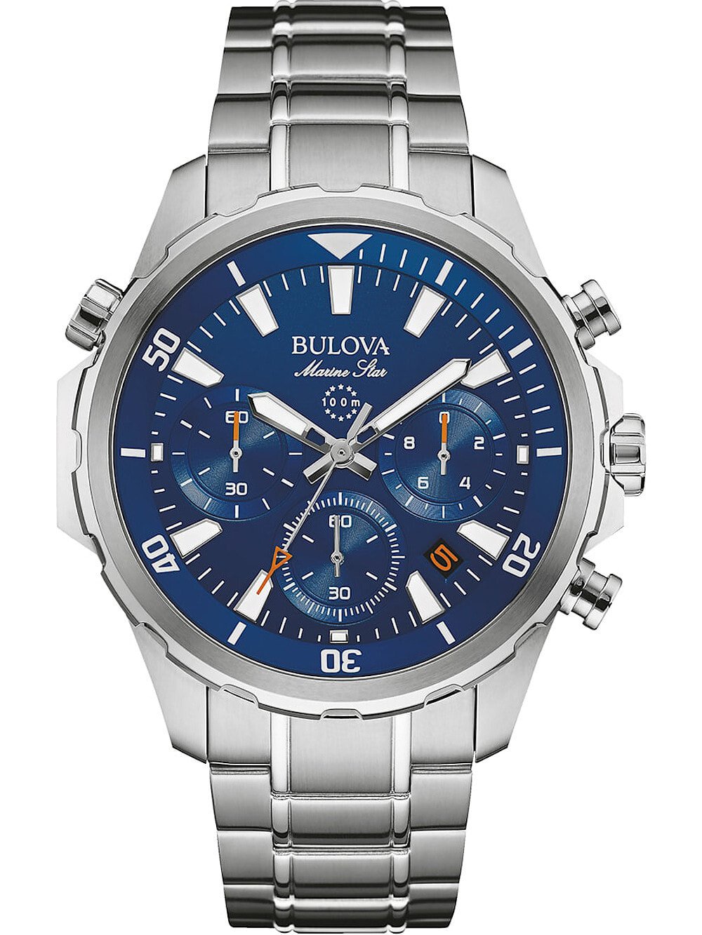 Мужские наручные часы с серебряным браслетом Bulova 96B256 Marine Star chrono 43mm 10ATM