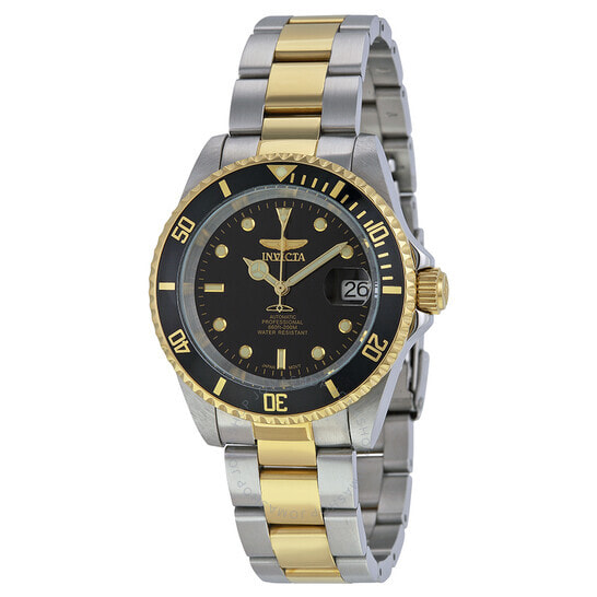 Мужские наручные часы с серебряным золотым браслетом Invicta Pro Diver Automatic Black Dial Two-tone Mens Watch 8927OB