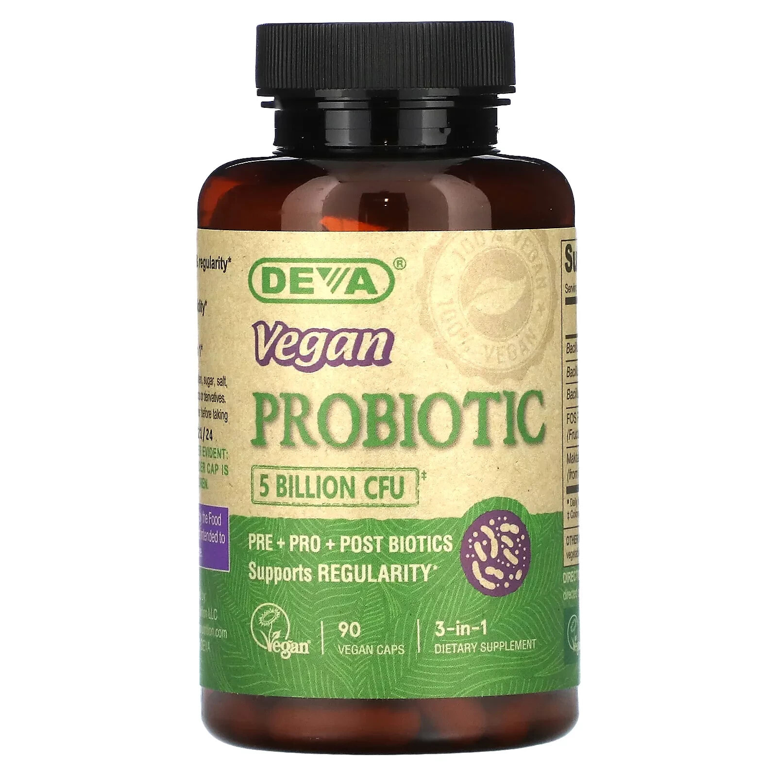 Deva, Веганский пробиотик 3 в 1, 5 млрд КОЕ, 90 веганских капсул