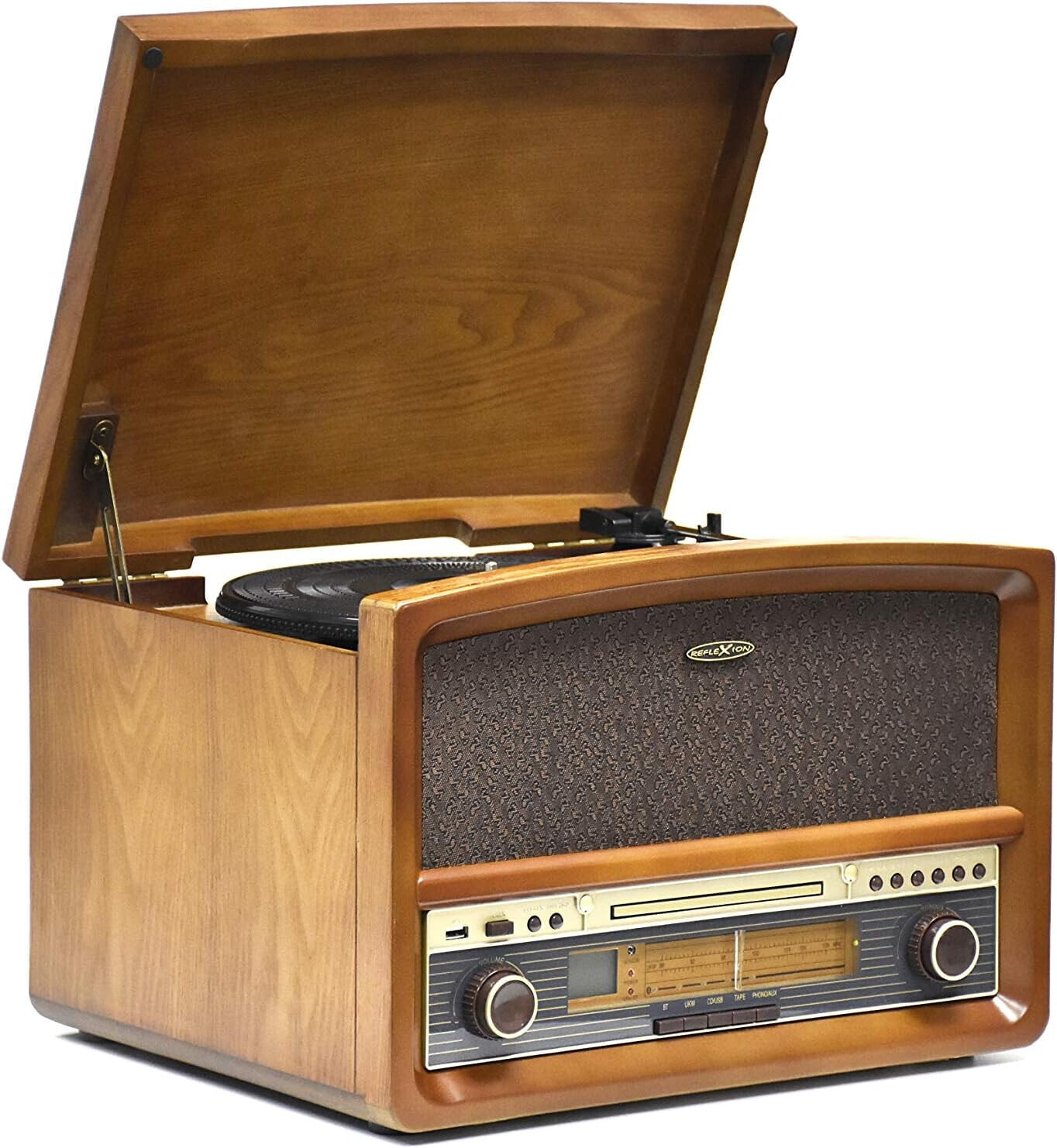 REFLEXION HIF1937 Retro Stereo System with Turntable, Cassette, CD Player and Radio (CD/MP3, USB, LCD Display, Remote Control, 40 W), Brown