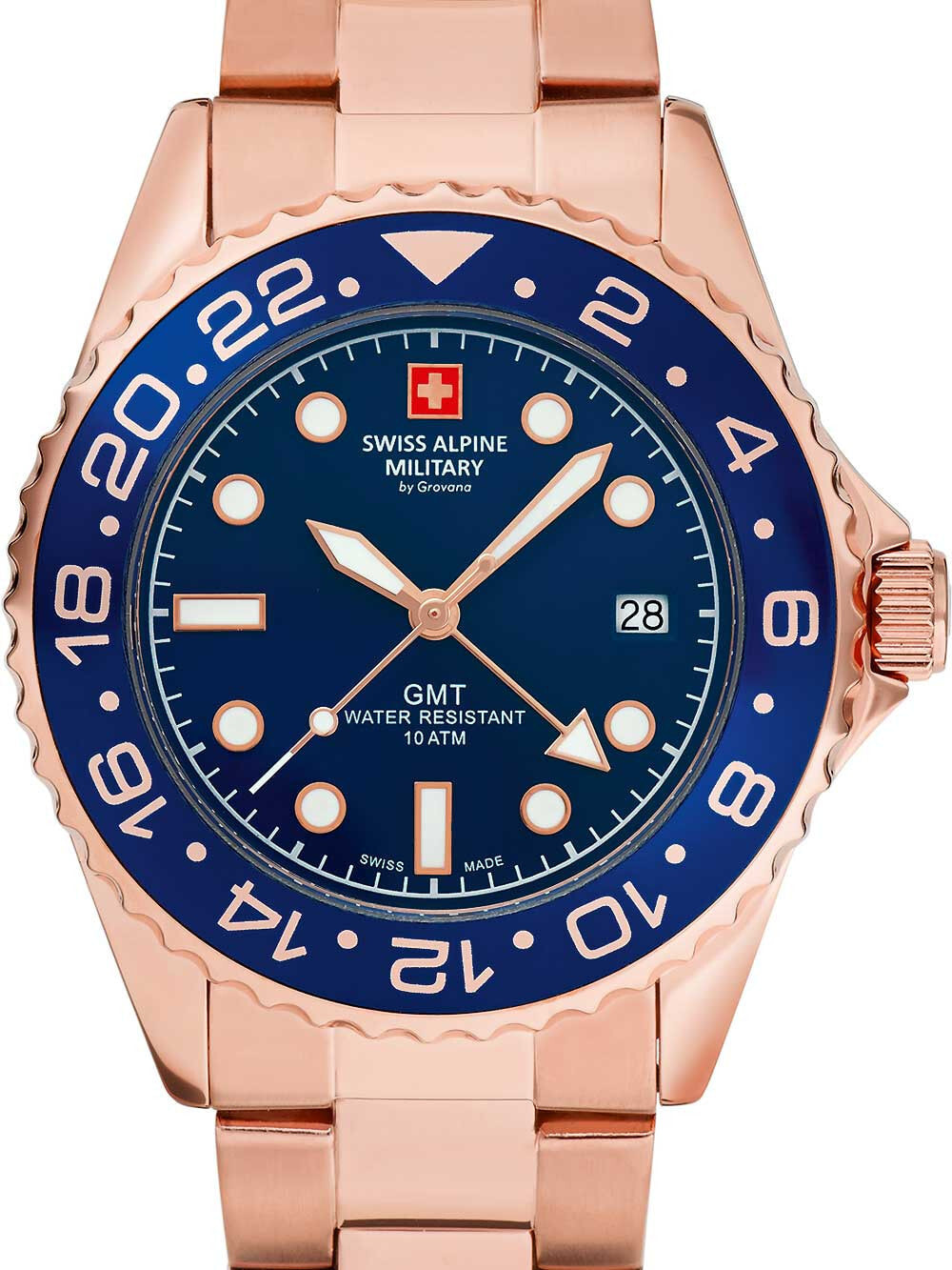 Мужские наручные часы с золотистым браслетом Swiss Alpine Military 7052.1165 GMT diver 42mm 10ATM