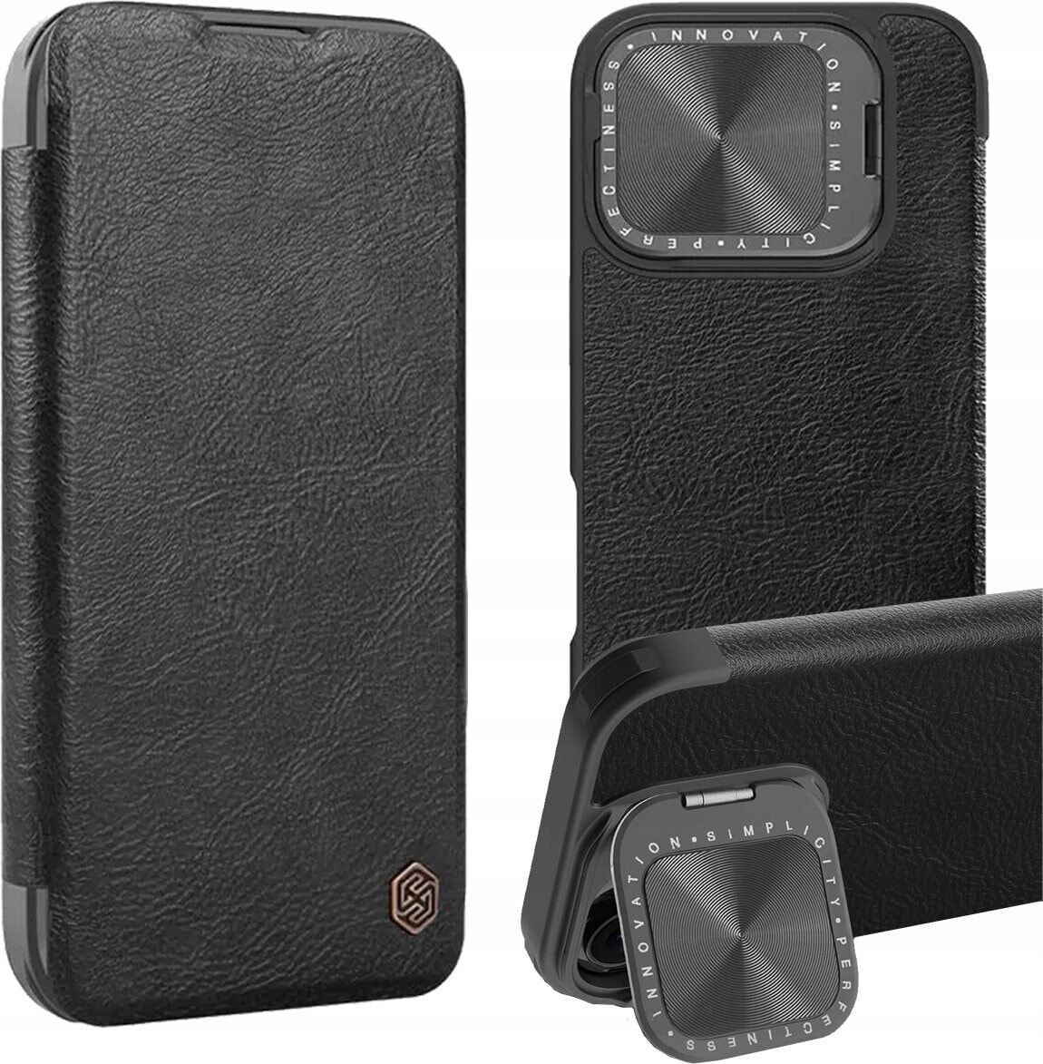 Nillkin Etui Nillkin Qin Prop Leather Case z osłoną na aparat i podstawką na iPhone 16 Pro - czarne