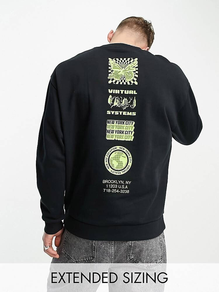ASOS DESIGN – Oversize-Sweatshirt in Schwarz mit Print entlang der Wirbelsäule und auf der Brust