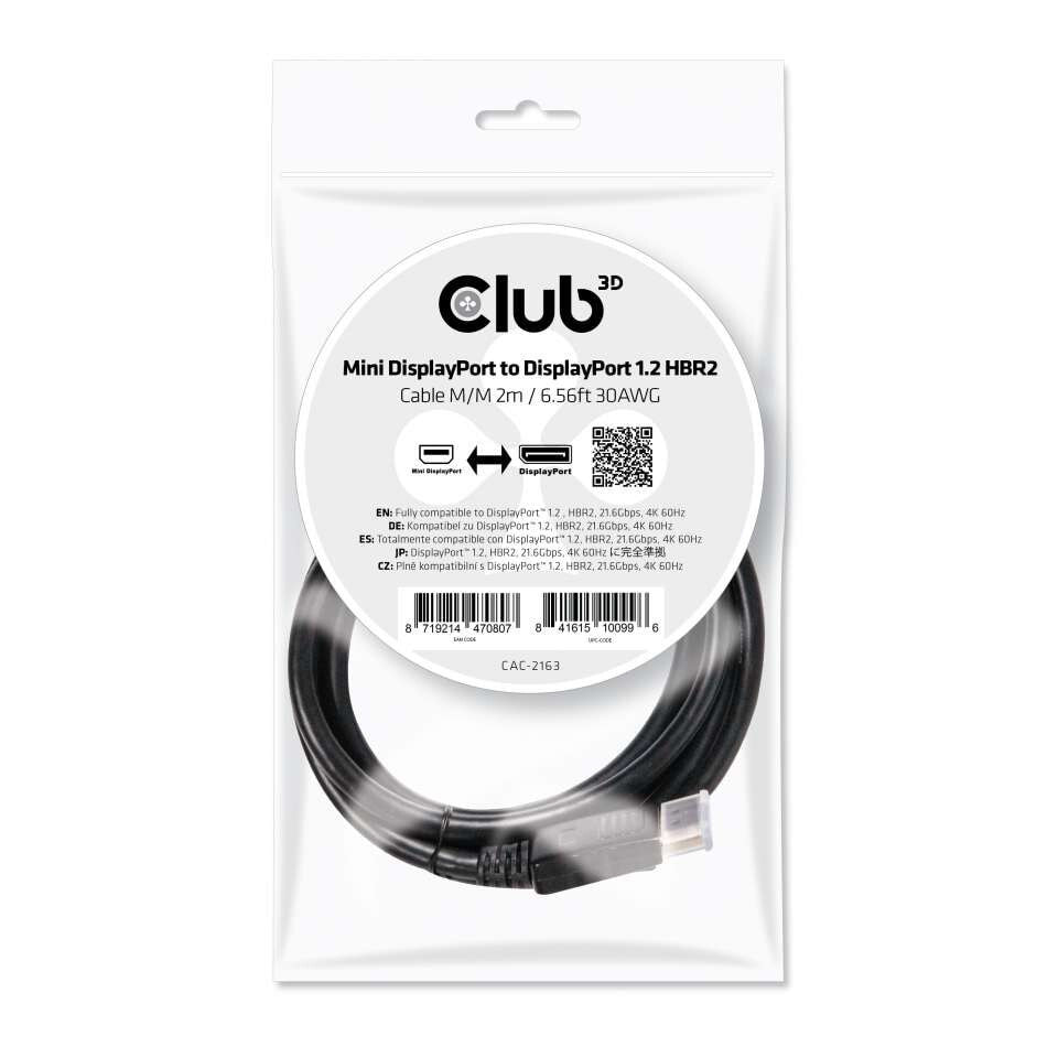 CLUB3D Mini DisplayPort to DisplayPort 1.2 M/M 2m/6.56ft 4K60Hz CAC-2163