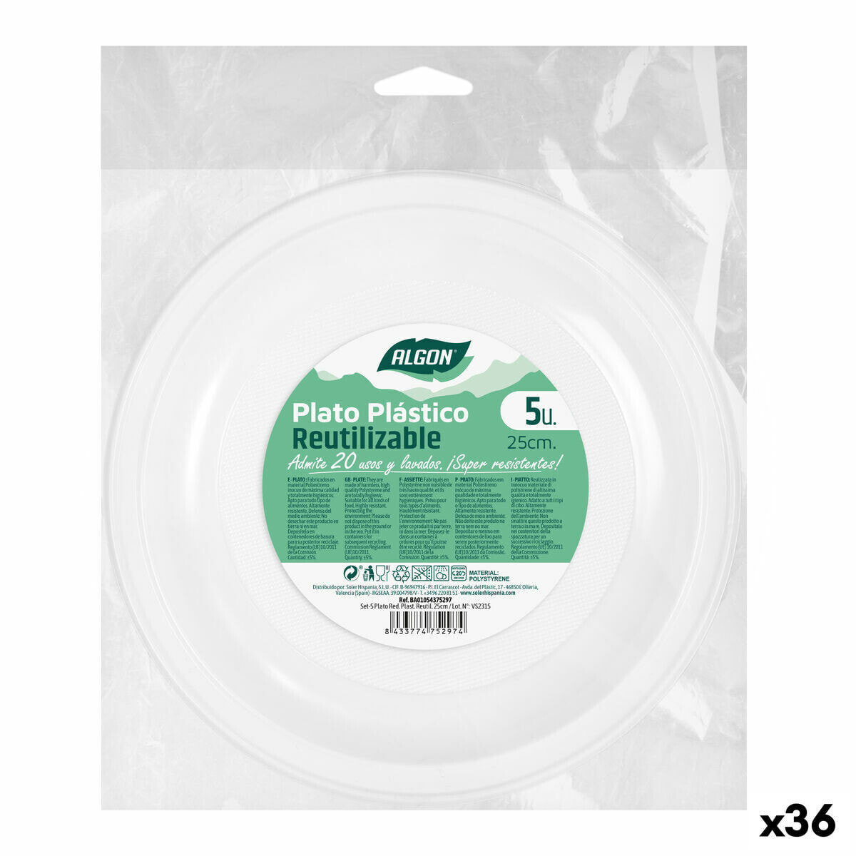 Set of reusable plates Algon Circular White Plastic (36 Units)